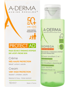 A-Derma Protect AD Crème SPF50+ 150ml + Gel Lavant Emollient 2en1 Anti-Grattage 100ml