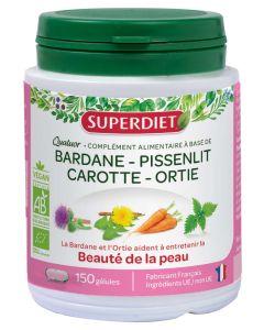 Superdiet Quatuor Bardane Beauté de la Peau Bio
Bardane, Pissenlit, Carotte, Fumeterre -  150 Gélules