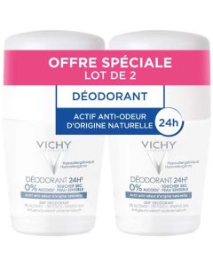 Vichy Déodorant 24H Actif Anti Odeur d'Origine Naturelle Toucher Sec Roll On x2