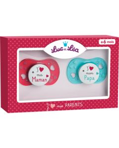 Luc et Léa Écrin Sucettes "J'aime mes parents" +6 mois