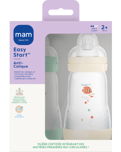 MAM Biberon Easy Start Anti Colique "Classique" 260ml Menthe + Coton Tétine Débit 2 X2 