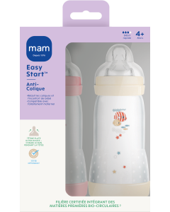 MAM Biberon Easy Start Anti Colique "Classique" 320ml Bonbon + Coton Tétine Débit 3 X2 