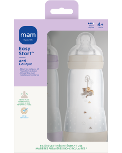 MAM Biberon Easy Start Anti Colique 320ml Lilas + Sable Tétine Débit 3 X2