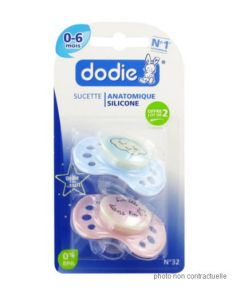 Dodie Sucette Anatomique Silicone 0 à 6 Mois Phosphorescente Lot de 2